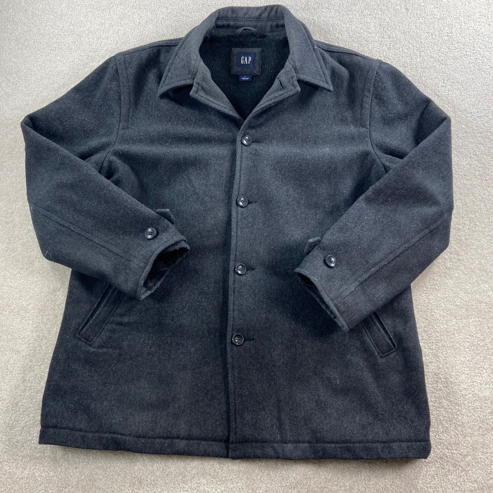 Gap Car Coat Mens Large Gray Wool Blend Sherpa Lined Button Front Jacket